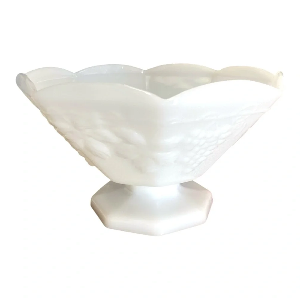 Vintage 1960s Anchor Hocking 9” Milk Glass Grape Leaf Pedestal Footed Fruit Bowl